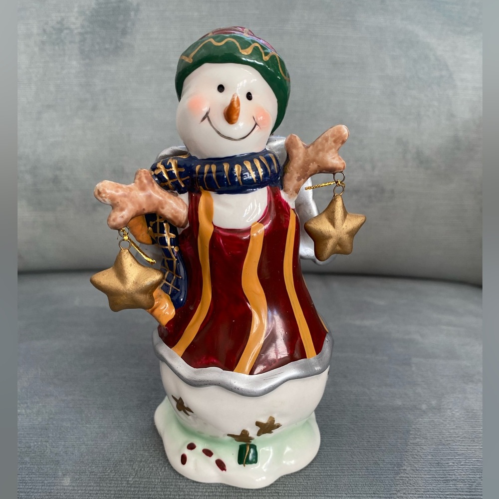 Cheerful Ceramic Snowman Figurine with Gold and Red Accents, Dangling Stars - Picture 1 of 9